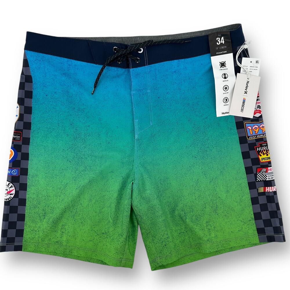 Hurley Eco Phantom NASCAR Racetrack Boardshorts Swim Trunks Sz 34 18" Outseam